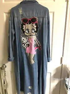 Betty Boop Denim Rhinestone Long Jacket OOAK Size Large 42-44 Bust NWT - Picture 1 of 9