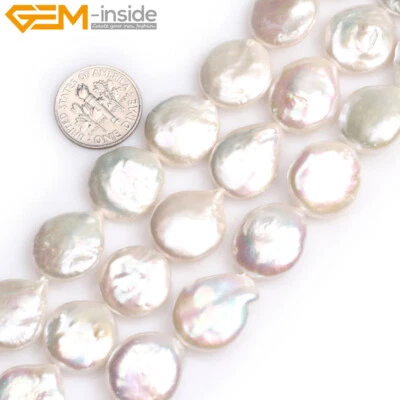 White Freshwater Pearl Coin Loose Beads For Jewelry Making Strand 15" Necklace - Image 1 of 4