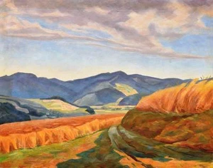 Unbekannt unsigniert / Gemälde Landschaft m. Kornfeldern / um 1930-40 / Schweiz? - Bild 1 von 1
