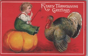Thanksgiving Child Sitting On Pumpkin Turkey A/S Clapsaddle Germany postcard LP8 - Picture 1 of 2