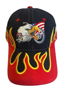 Cappello regolabile bandiera americana e aquila e moto fiamme ricamate come nuovo - Foto 1 di 6