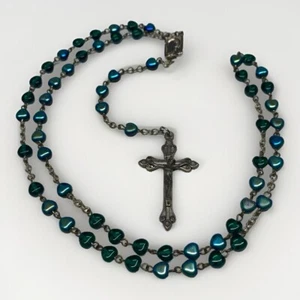Vintage Blue Green Glass Heart Shaped Beads Rosary Made in Italy Stamped - Picture 1 of 6