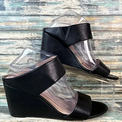 Andrew Geller Sandal Womens 10M Black Faux Leather Dress Formal Wedge Open Toe - Image 1 of 4