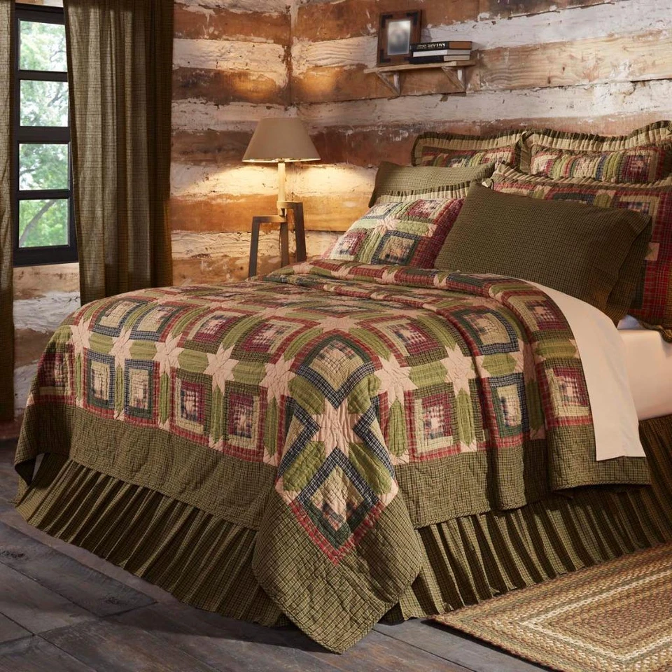TEA CABIN QUILT COLLECTION Log Cabin Country Primitive Shams Pillows Skirt - Image 1 of 1