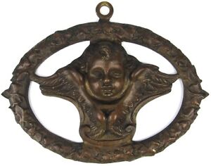 Vintage Bronze Brass Winged Cherub Putti Angel Mount Plaque