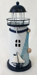 Metall Leuchtturm 18 cm Höhe mit Teelicht mit Segelboot und Fischernetz - Bild 1 von 3