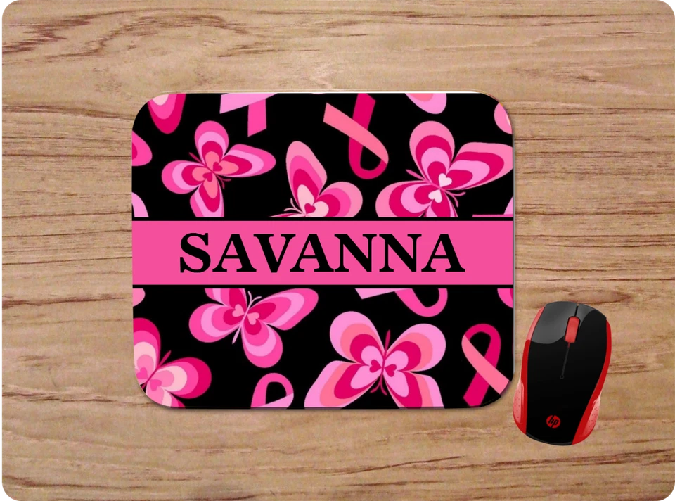 BREAST CANCER RIBBON BUTTERFLY personalized W/ name MOUSE PAD HOME OFFICE GIFT  - Image 1 of 1