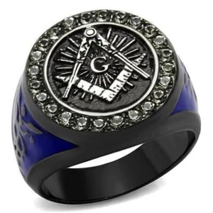 Anillo Color Negro Para Hombres de Acero Inoxidable Logo Masonico Con Lados Azul - Picture 1 of 11