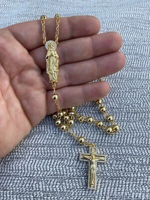 Rosary Beads Necklace 14k Gold Plated Real 925 Silver Rosario Jesus Cross CZ Icy Foto 1 de 4