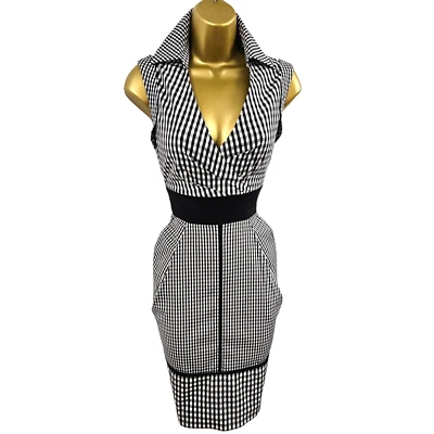 KAREN MILLEN 12 UK Vintage Cotton Black White Gingham Check Wiggle Shirt Dress - Image 1 of 4
