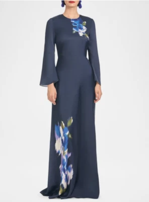 NEW SACHIN & BABI Alex Floral-Print Satin Crepe Gown Midnight Corsage 8 #WD372 - Image 1 of 4