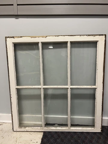 Vintage Wood Window sash 6 pane GLASS picture frame chic White antique salvage B Cover
