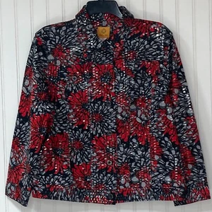 Ruby Rd. Womens Red Black Floral Print Shiny Vinyl Button Up Jacket Size 14 - Picture 1 of 15