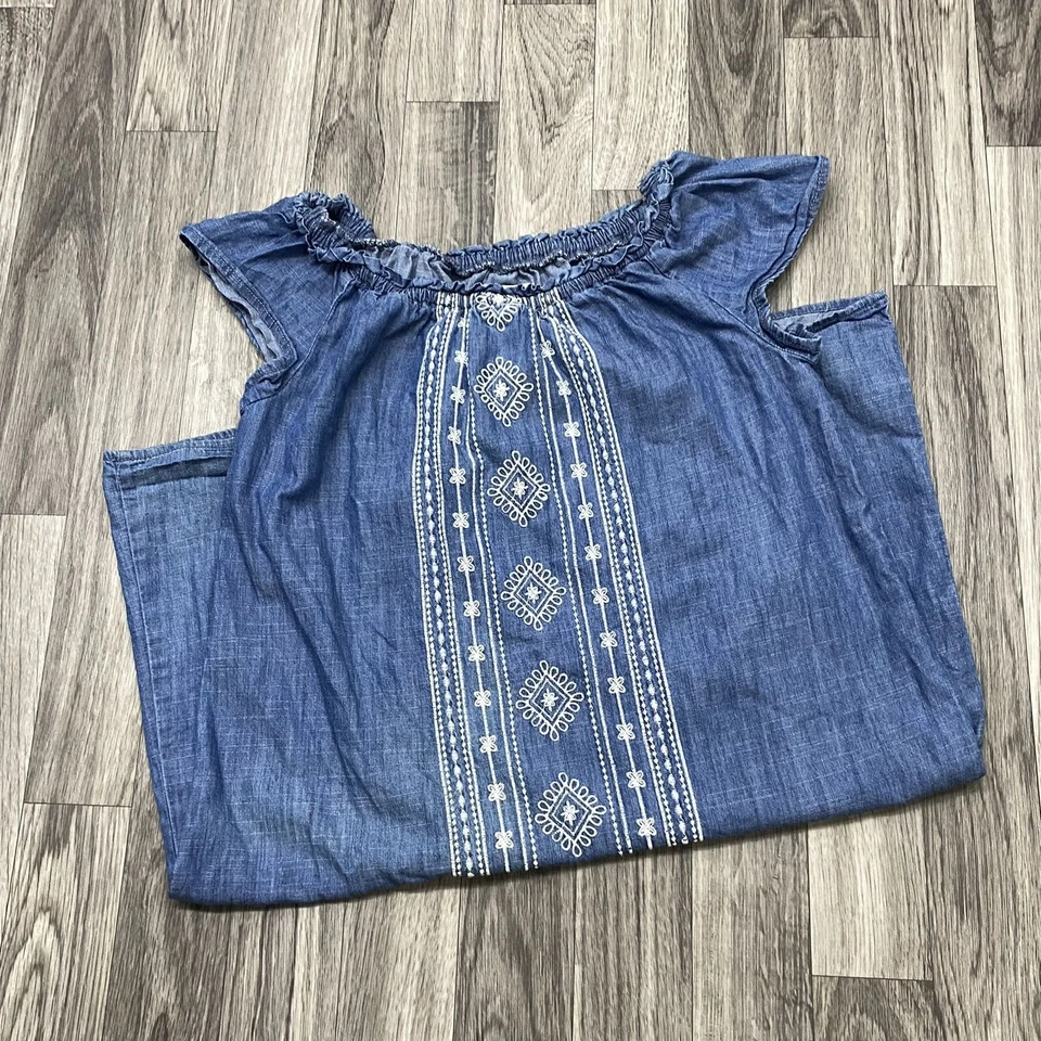 OLD NAVY Embroidered Ruffled Elastic Neckline Blue Chambray Dress Girl's Size L - Image 1 of 4