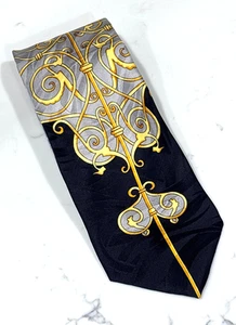 Gianni Versace Seidenkrawatte Barock Schnörkel Gold Schwarz Silber Italy Designer Vintage - Bild 1 von 10