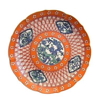 Imari Arita Japanese Plate Scalloped Round 10” Peach Orange Floral Golden Rim - Image 1 of 4