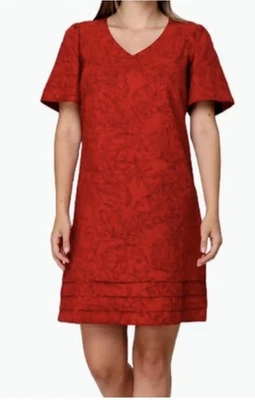 Nicole Miller Dress Womens XL Red Floral Linen Blend Tiered Hem Shift Dress New - Image 1 of 4