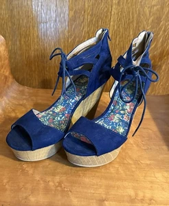 Qupid Sandals Womens Open Toe Lace Up Wood Platform Blue Faux Leather, Sz 10 - Picture 1 of 4