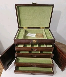 Vintage Rosewood Asian Chinese Large Jewelry Box Brass Hardware 4-Drawer - Picture 1 of 17