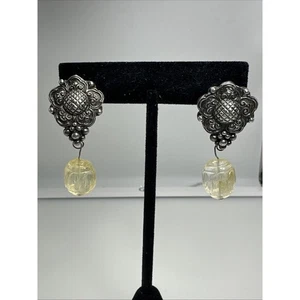 STEPHEN DWECK Sterling Silver Yellow Carved Stone Vintage Omega Back Earrings - Picture 1 of 8