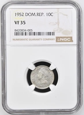 1952 Dominican Rep. 10 Cents NGC VF35 Scarce - Image 1 of 2