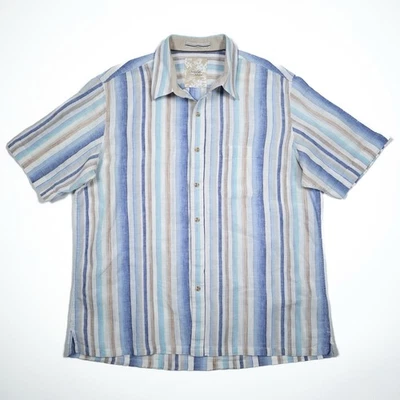 Tasso Elba Button Up Shirt Mens L Purple Stripe Linen Cotton Short Sleeve Beach - Image 1 of 4