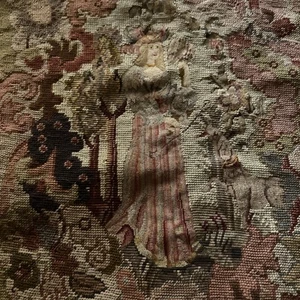 Antique French Lady w Dog Wool Petit Point Needlepoint Panel from Seat Cover - Picture 1 of 15