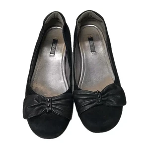 ECCO Black Suede Ballet Flats Leather Bow Studs Womens Size 38 7/7.5 Preppy - Picture 1 of 10