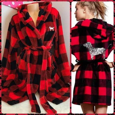 Y2K VS PINK Cozy Plush Buffalo Plaid Bling Hooded Robe Size M/L - Image 1 of 4