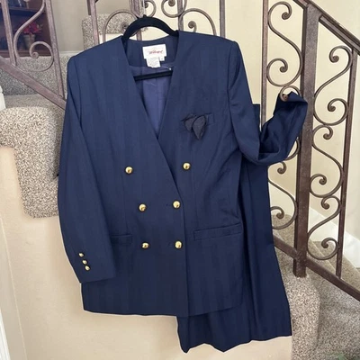 NUEVO SIN ETIQUETAS De Colección Años 80 Worthington Azul Marino Falda Traje Talla 10 Sripe Doble Pecho con Pañuelo Foto 1 de 4