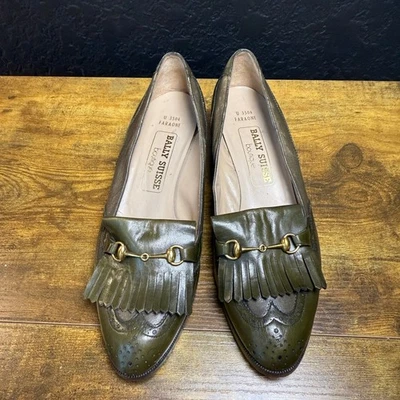 Bally Suisse 6.5 Olive Green Leather Fringe Loafers Heel Wingtip Dress Shoes - Image 1 of 4
