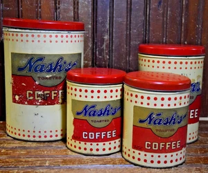 Juego de 4 letreros de lata de almacenamiento de metal pintado café NASH'S MINNESOTA VINTAGE AÑOS 60 ANTIGUOS - Imagen 1 de 21