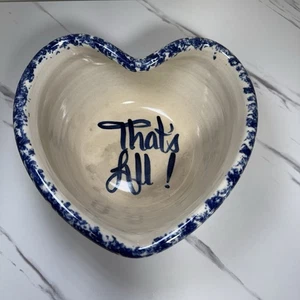 VTG Marshall Pottery Heart “That's All!” Popcorn Bowl Blue & Cream Spongeware - Picture 1 of 14