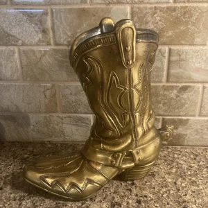Vintage ArtBrass Giftworks Gold Brass Cowboy Boot Spur Planter Pot Vase 9" - Picture 1 of 8