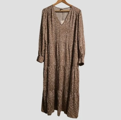 A New Day Maxi Tiered Dress XLarge Brown Long Sleeve Light Cheetah Boho-Chic - image 1 of 4