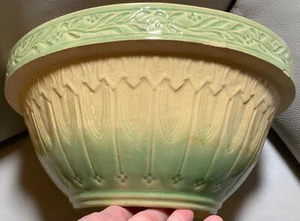 Antique Yellow Ware Mixing Bowl Embossed Green & Tan Band Patterned 9.5” Nice! - Picture 1 of 18