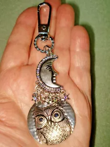 4 3/4" Ohrhänger Strass Eule, Halbmond & funkelnde Sterne Schlüsselanhänger Glitzer - Bild 1 von 9
