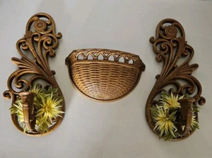3-teiliges Set mit 2 Vintage Homco Wandlampen und Korb Boho 70er Faux Rattan Wandbehang - Bild 1 von 10