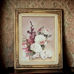 Original Painting Still life Pink Shabby Fairy Cottagecore Roses Gold Gilt Frame - Picture 1 of 8