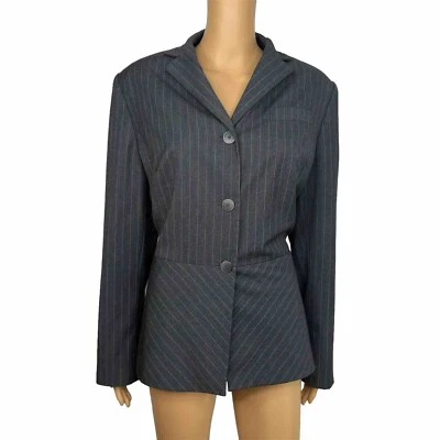 Traje Blazer Liz Claiborne Poliéster Rayón Talla 14 Gris Rayas Volantes Forrado 1 pieza Foto 1 de 4