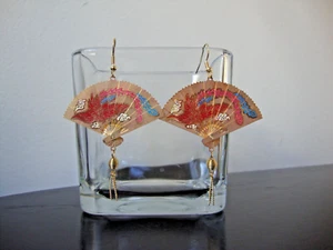 VTG LARGE ENCHANTING! CHINESE PHOENIX ENAMEL CRANE ETCHED FOLDING FAN EARRINGS - Bild 1 von 14