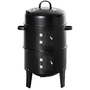 More details for 3 in 1 black bbq charcoal grill barbecue smoker garden outdoor cooking steel pot