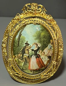 Antique Rare Austrian Empire Brass Gilded Oval Frame Dance Couple on Silk - Picture 1 of 11