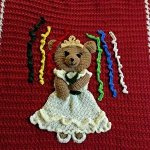 Crocheted Blanket 3D Bear Lovey 42 X 35 Lap Throw Crib Fringe Colorful Handmade - Picture 1 of 6
