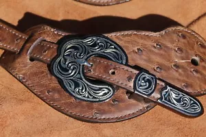 Genuine Ostrich Spur Straps with Sterling Silver Overlay Buckles - Picture 1 of 3