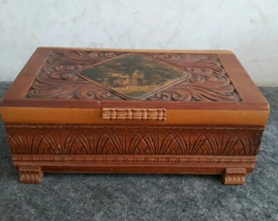 Caja de madera tallada a mano vintage con patas para joyería/baratija espejo tapa con bisagras Foto 1 de 4