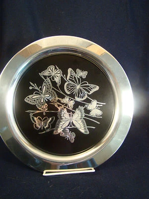 Oneida Silverplated Tray Silver & Black Overlaid Floral and Butterfly Design @17 - Image 1 of 4