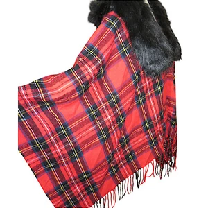 J. Crew Red Plaid Faux Fur Trimmed Shawl Cape Poncho Scarf - Picture 1 of 7
