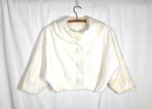 Vtg 50s White Faux Fur Crop Jacket Covered Buttons Bunny Evening Coat Lined S/M - Picture 1 of 13