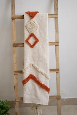White & Rust Orange Tufted Throw, Natural Hand Tufted Throw Blanket 52"×72" Inch - Image 1 of 3